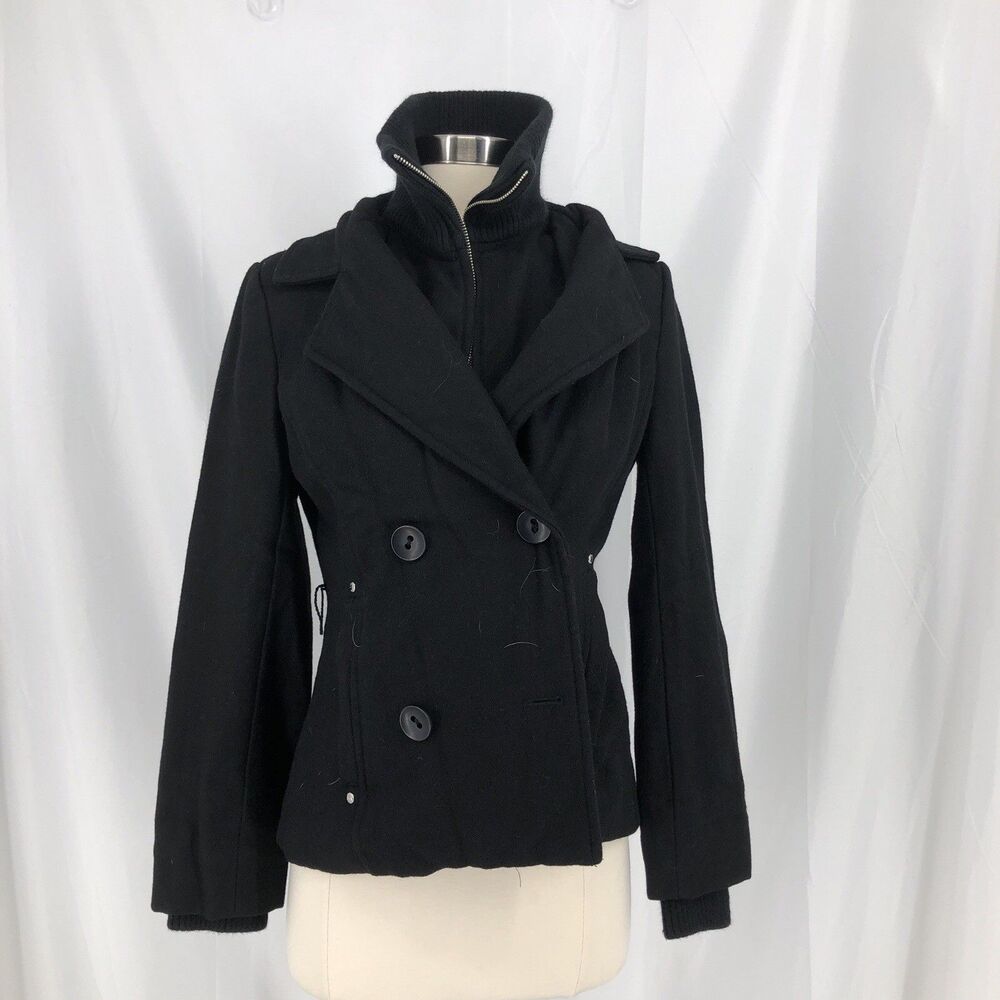 Guess Black Zip Belted Coat Women's Size Small Pea Coat Winter
